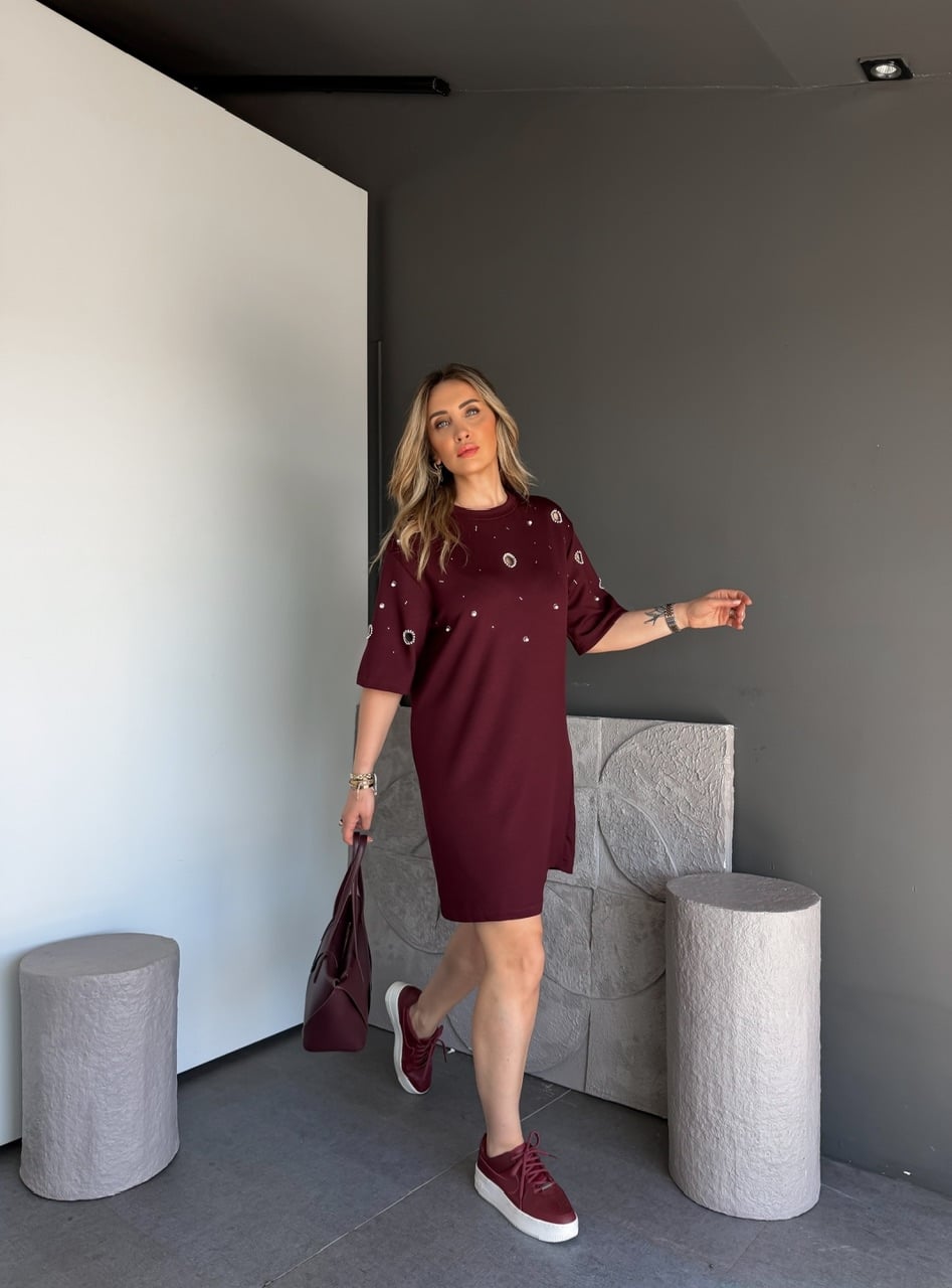 Bordo Serpme İncili Modal Elbise