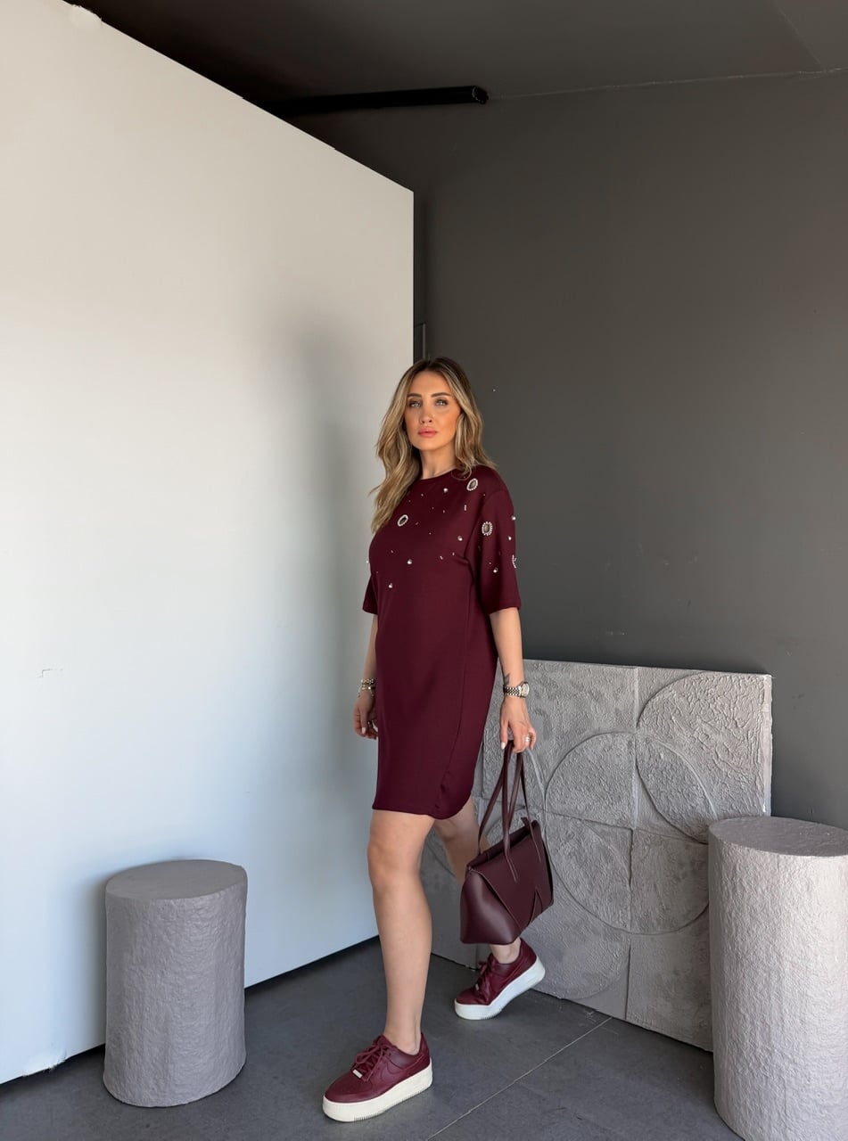 Bordo Serpme İncili Modal Elbise