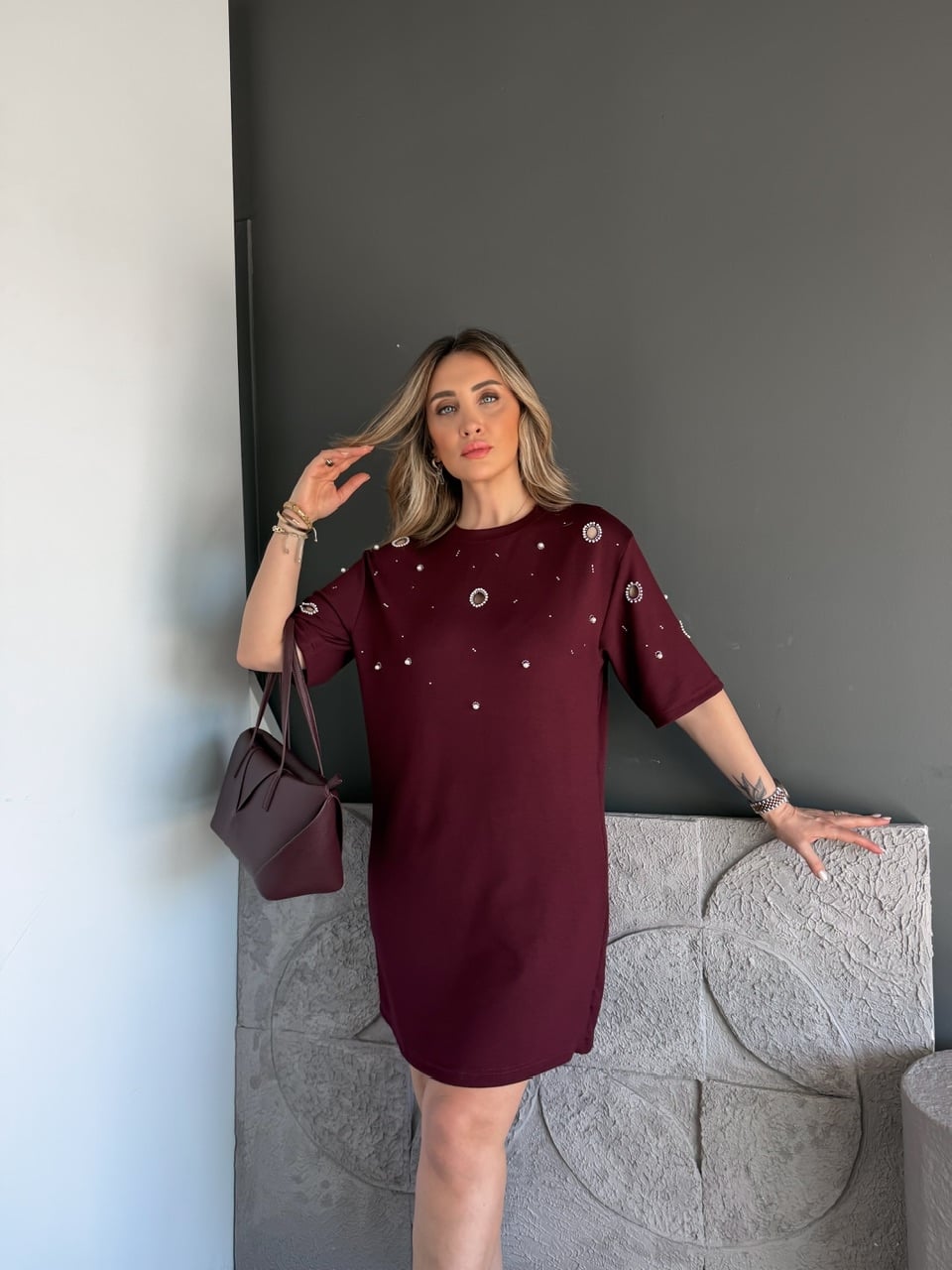 Bordo Serpme İncili Modal Elbise