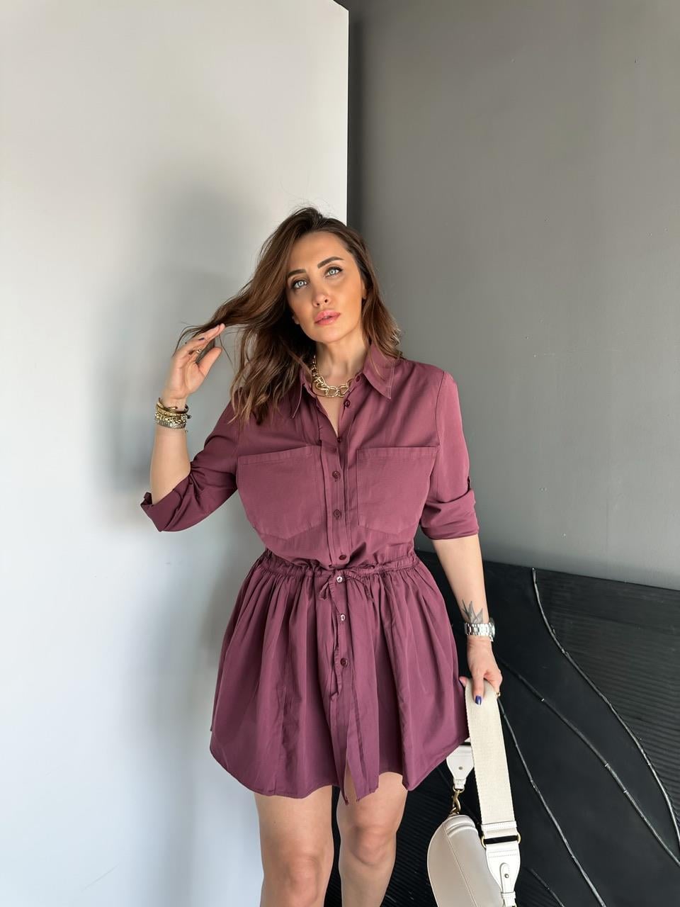 Bordo Şortlu Gömlek Elbise
