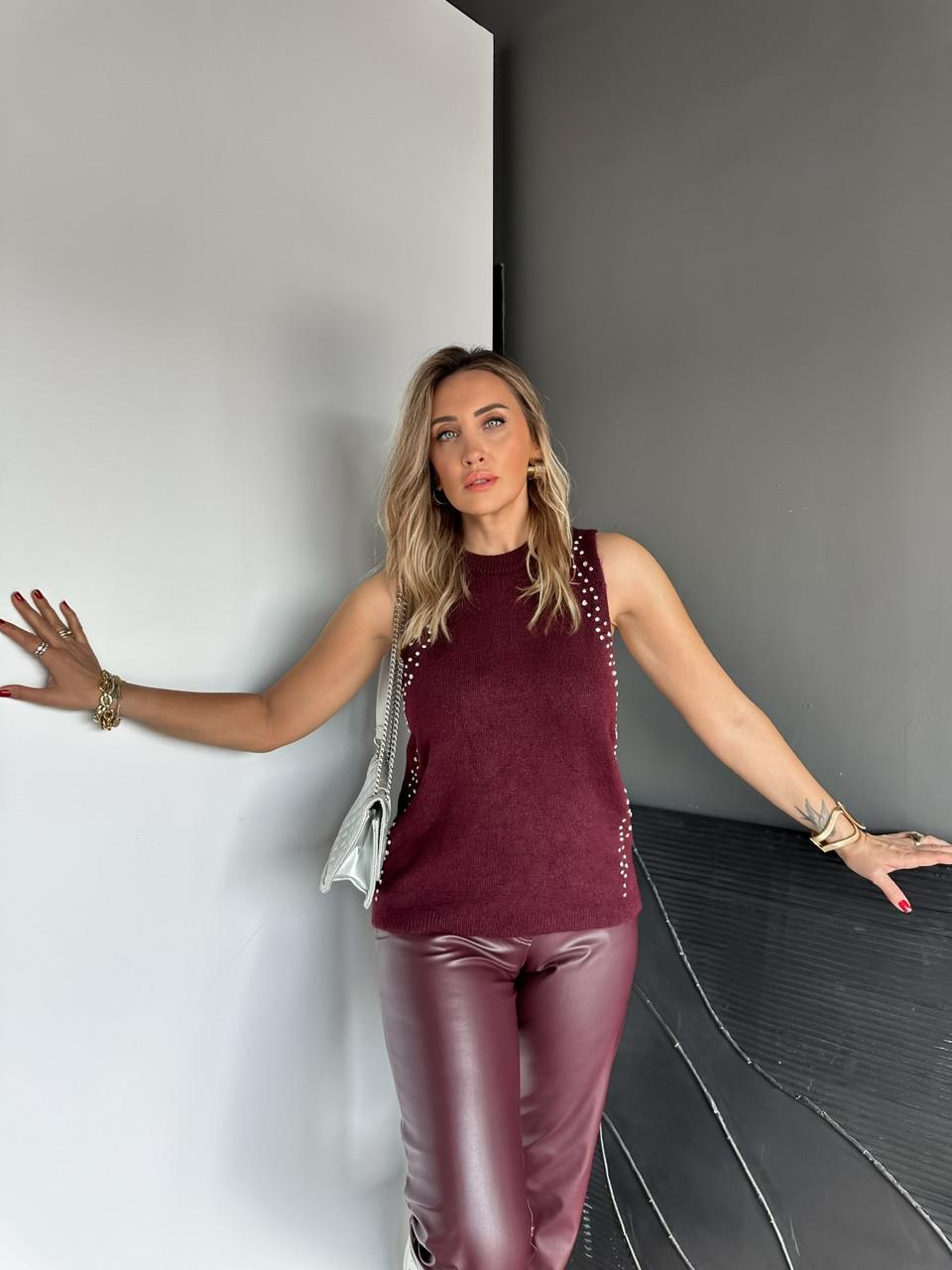 Bordo Taşlı Bisiklet Yaka Triko
