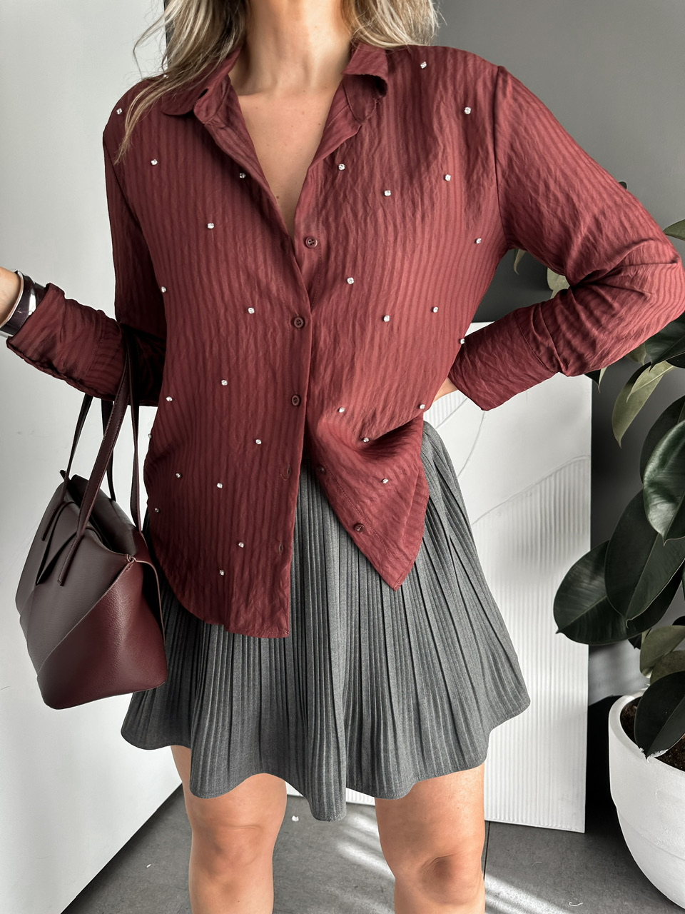 Bordo Taşlı Çizgi Dokulu Cotton Gömlek