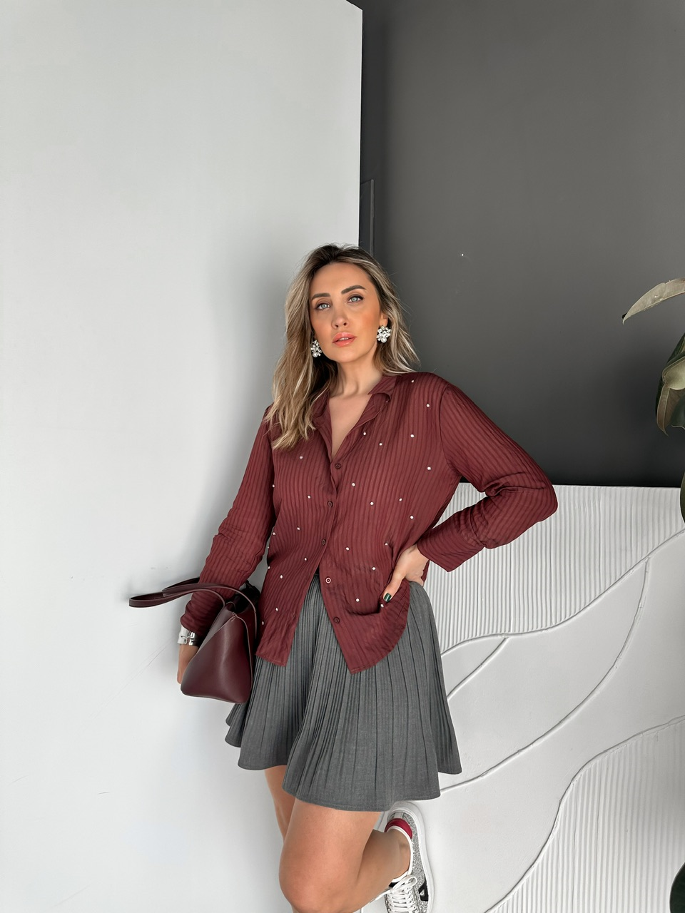 Bordo Taşlı Çizgi Dokulu Cotton Gömlek