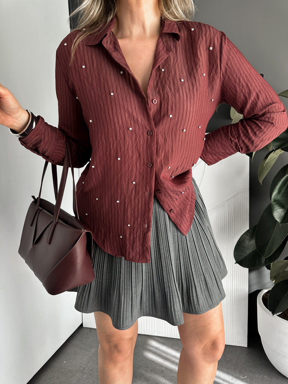 Bordo Taşlı Çizgi Dokulu Cotton Gömlek