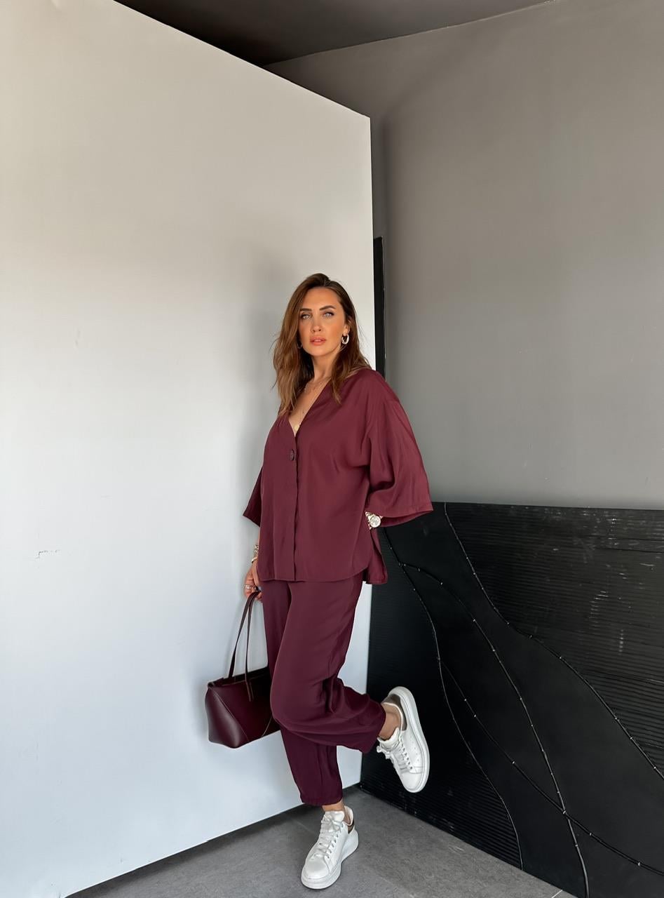 Bordo Tek Düğmeli Fakir Kol Modal Takım