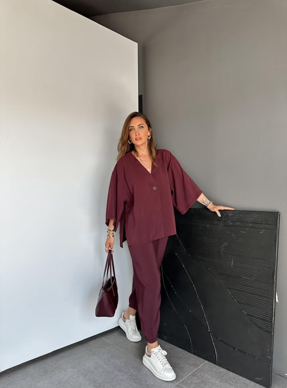 Bordo Tek Düğmeli Fakir Kol Modal Takım