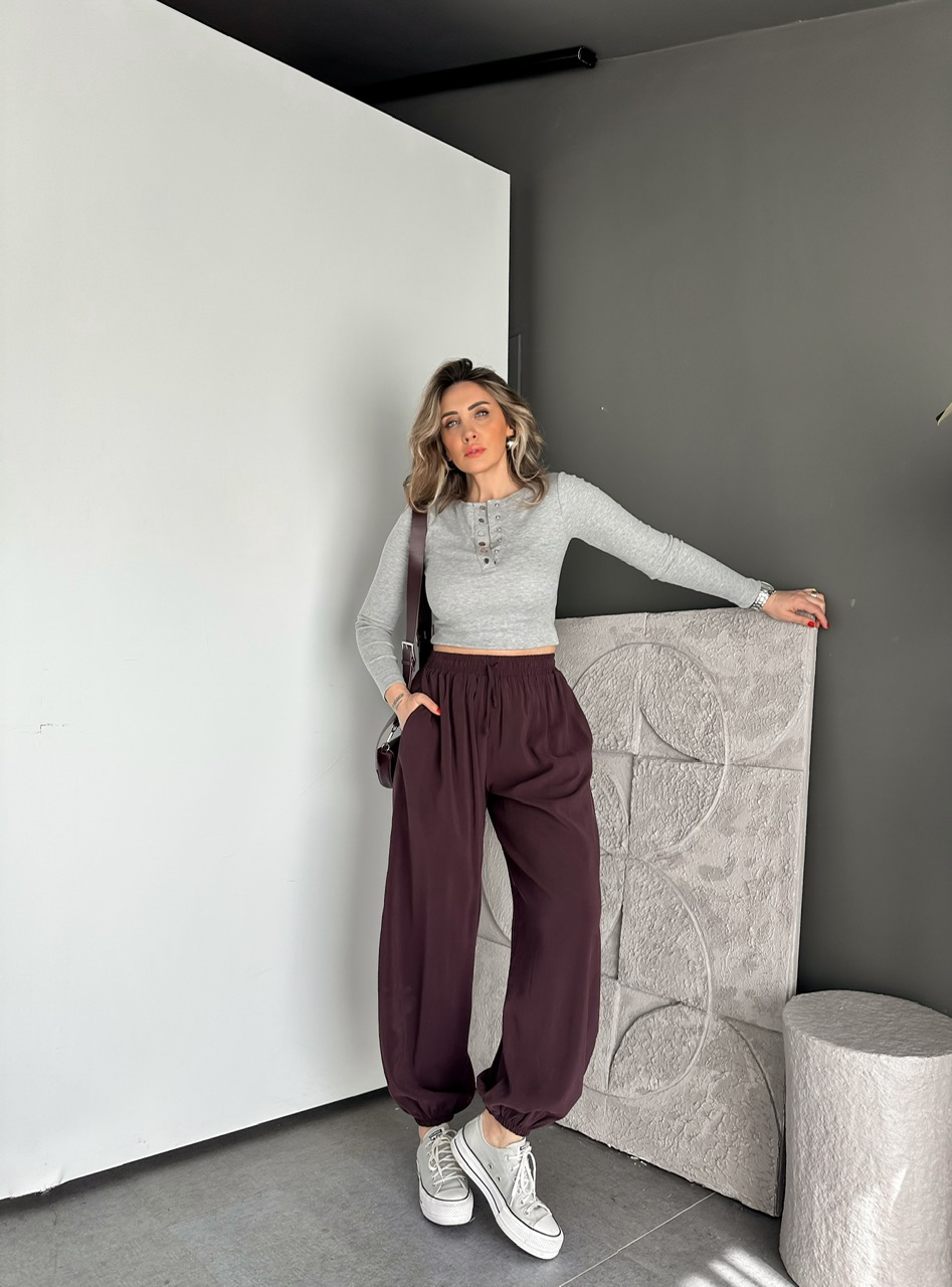 Bordo Tensel Beli Lastikli Şalvar Pantolon