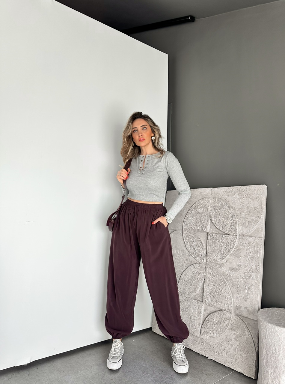 Bordo Tensel Beli Lastikli Şalvar Pantolon
