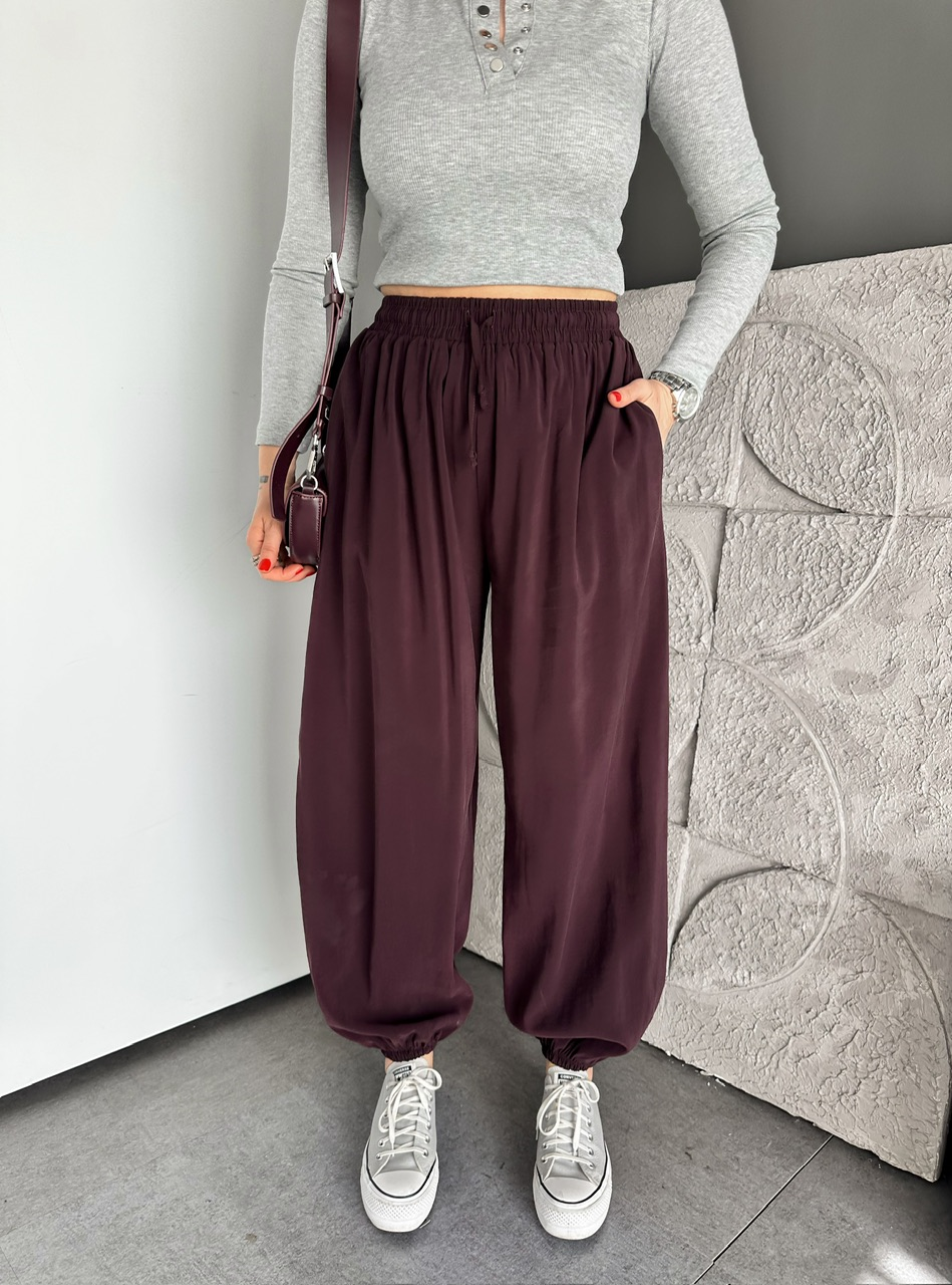 Bordo Tensel Beli Lastikli Şalvar Pantolon