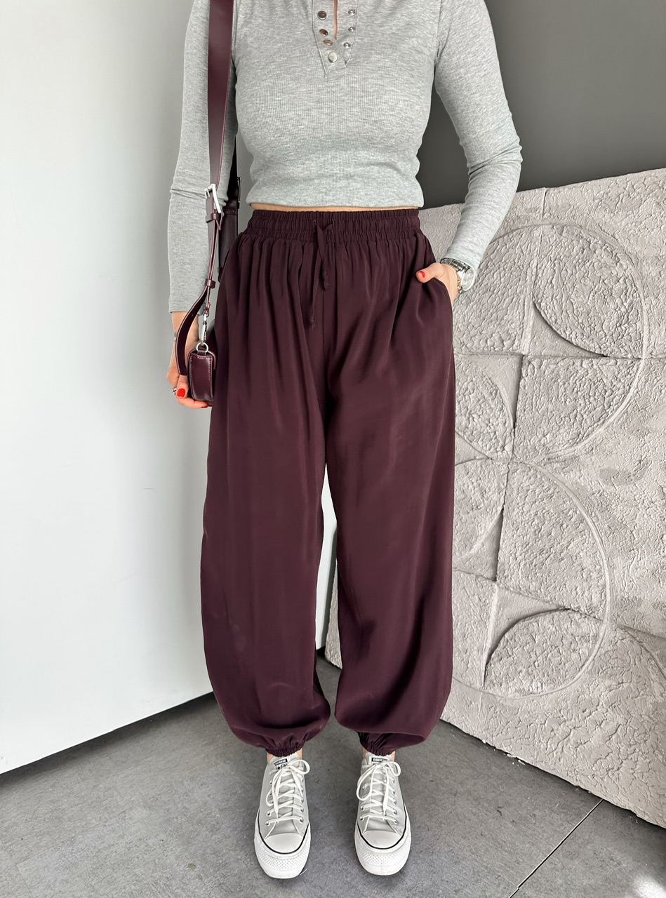 Bordo Tensel Beli Lastikli Şalvar Pantolon