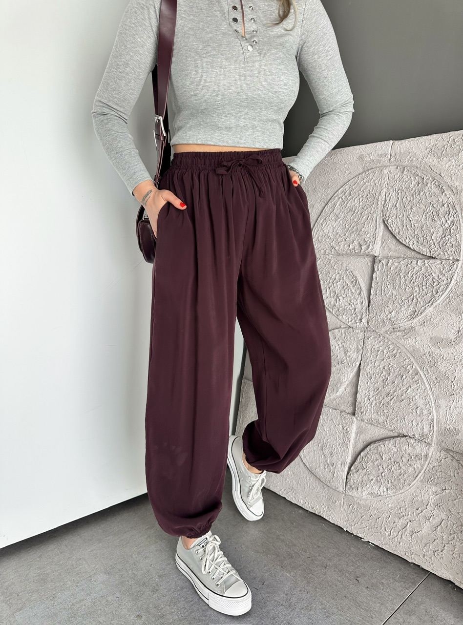 Bordo Tensel Beli Lastikli Şalvar Pantolon