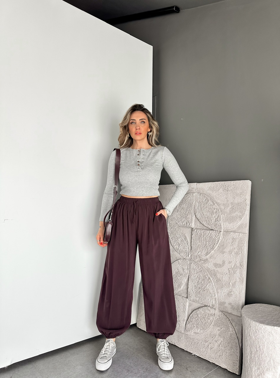 Bordo Tensel Beli Lastikli Şalvar Pantolon