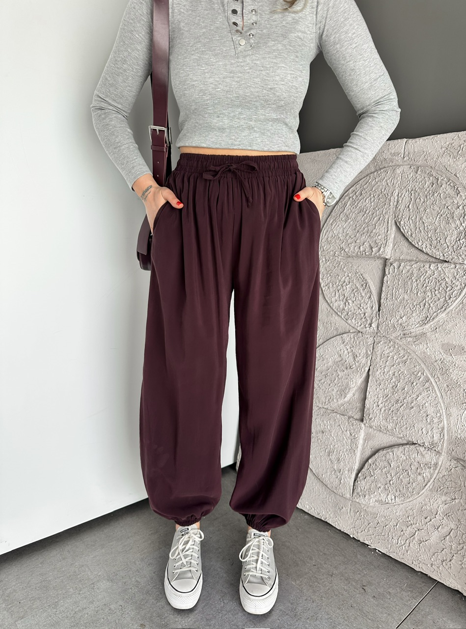 Bordo Tensel Beli Lastikli Şalvar Pantolon