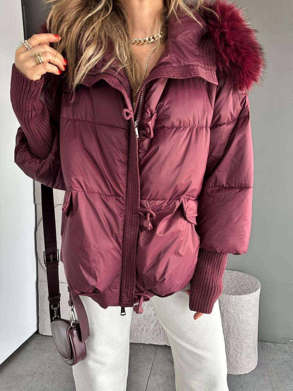 Bordo Triko Kollu Premium Şişme Mont