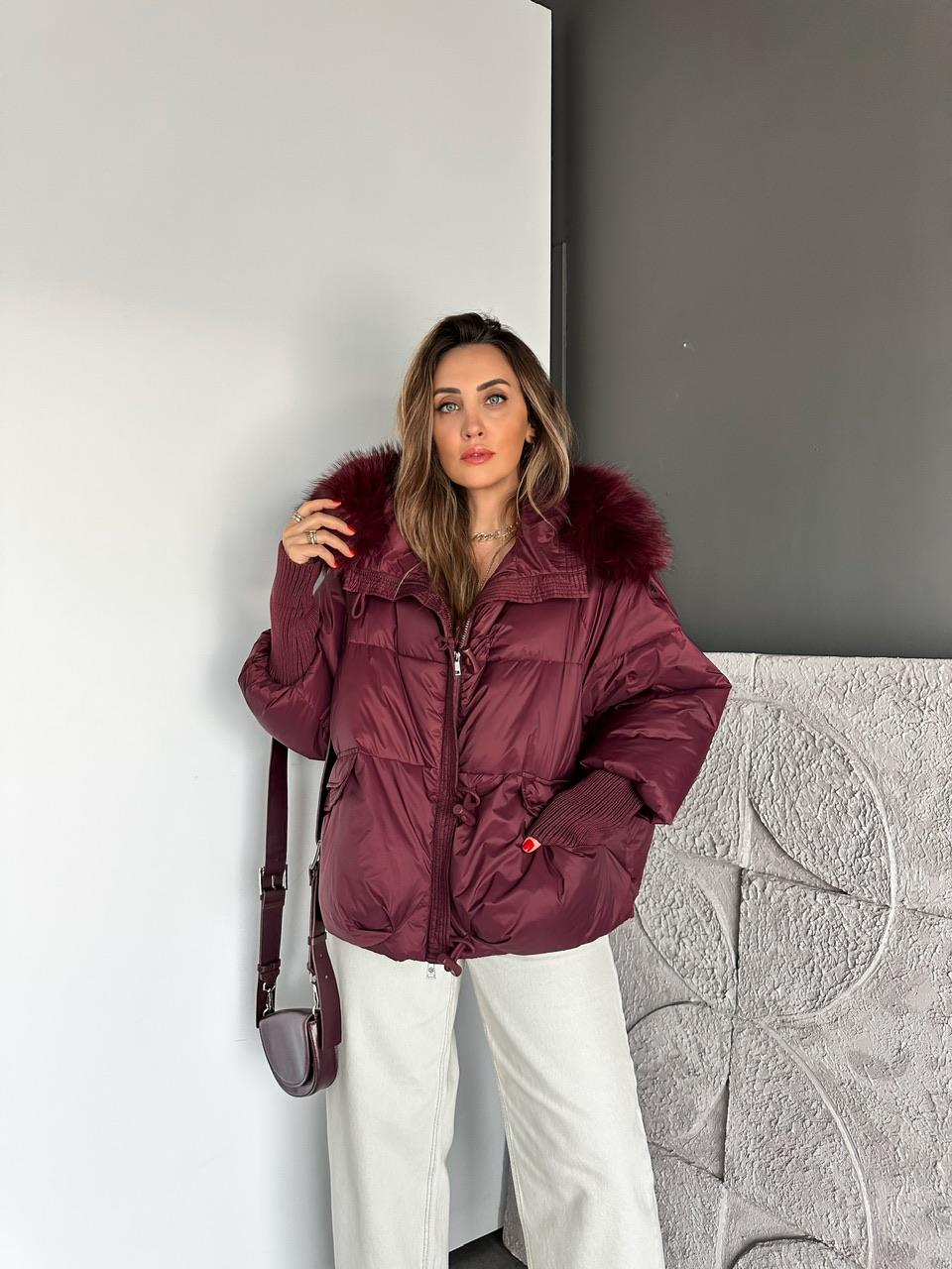 Bordo Triko Kollu Premium Şişme Mont