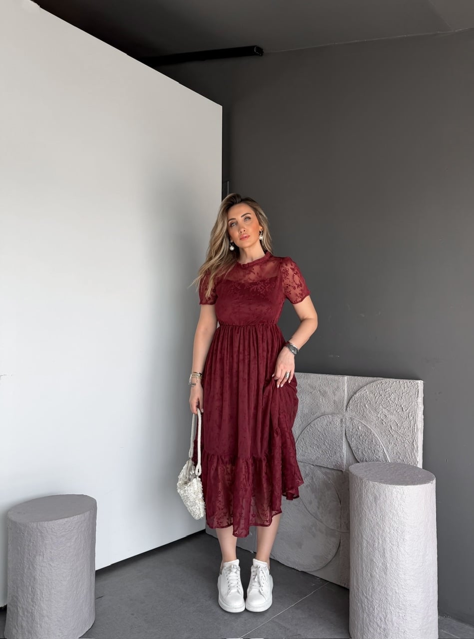 Bordo Tül Çiçek Desenli Elbise