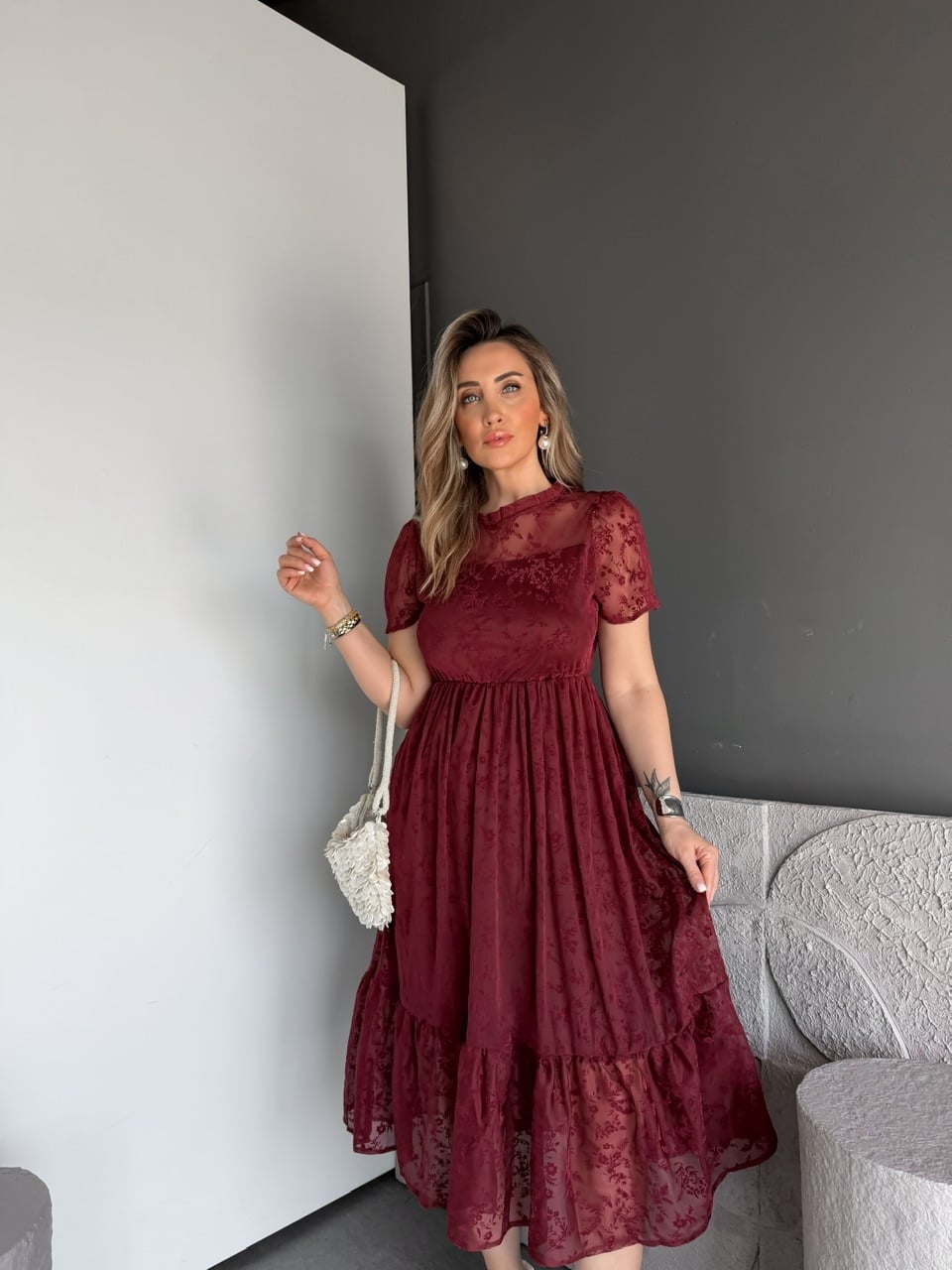 Bordo Tül Çiçek Desenli Elbise