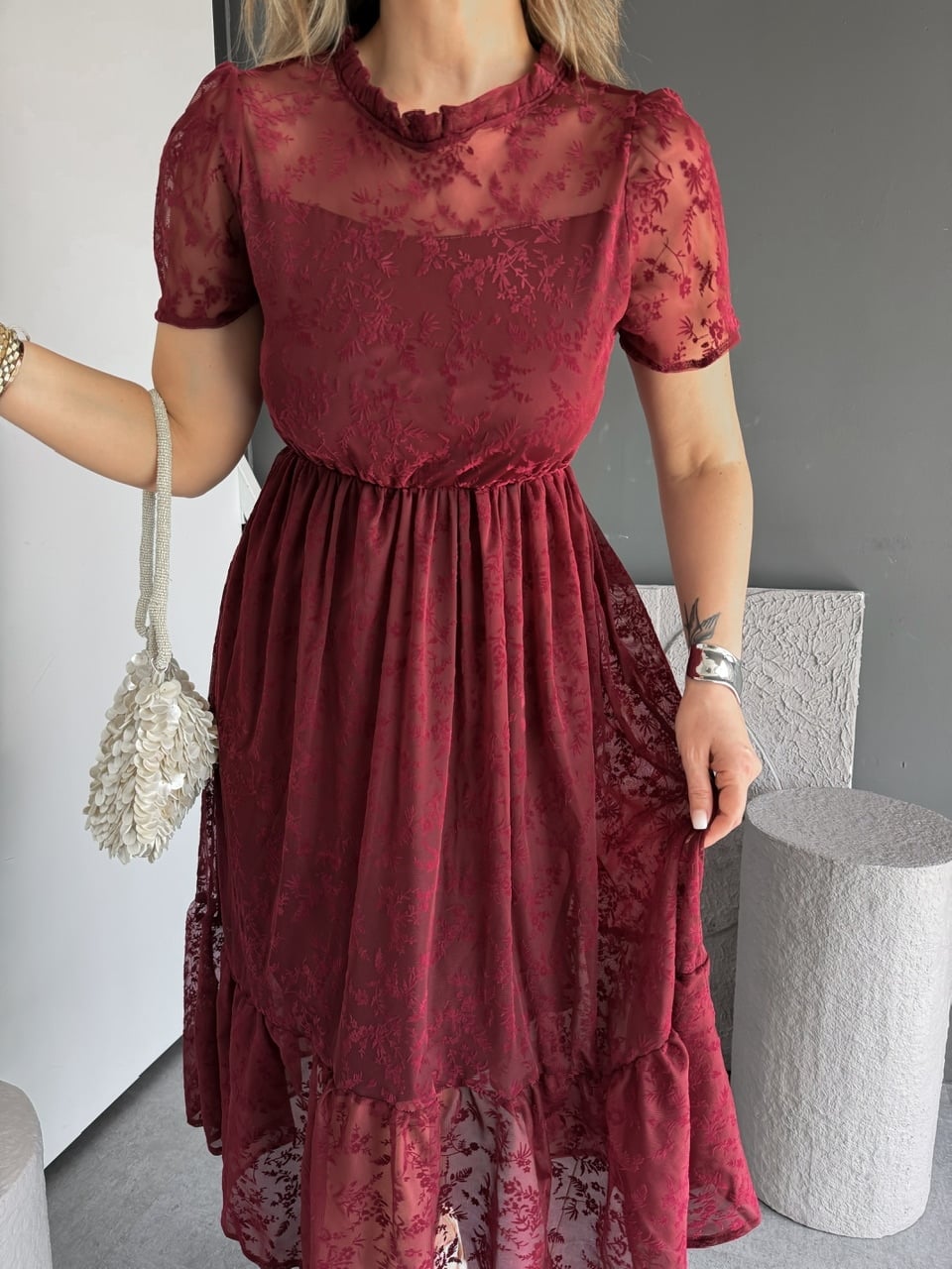 Bordo Tül Çiçek Desenli Elbise