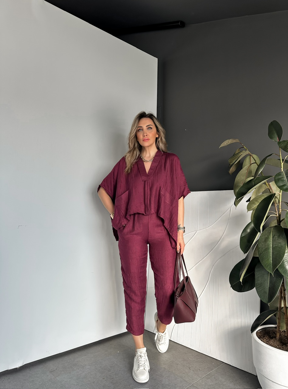 Bordo V Yaka Yarasa Kol Tasarım Takım
