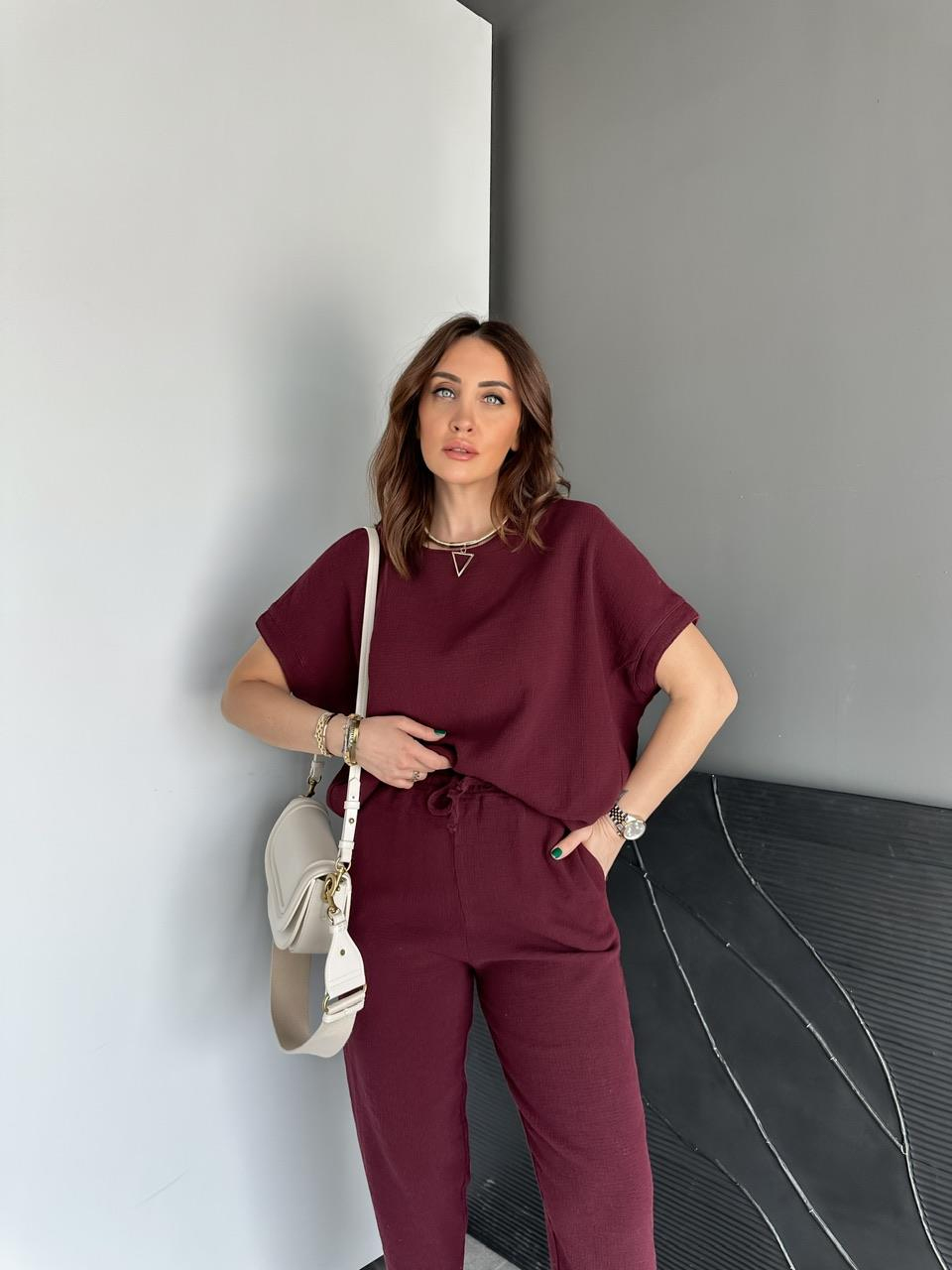Bordo Yarasa Kollu Naturel Takım
