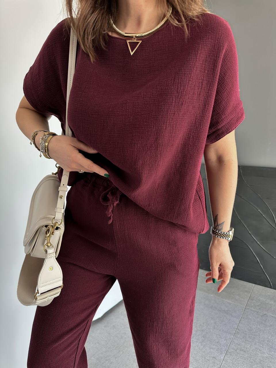Bordo Yarasa Kollu Naturel Takım