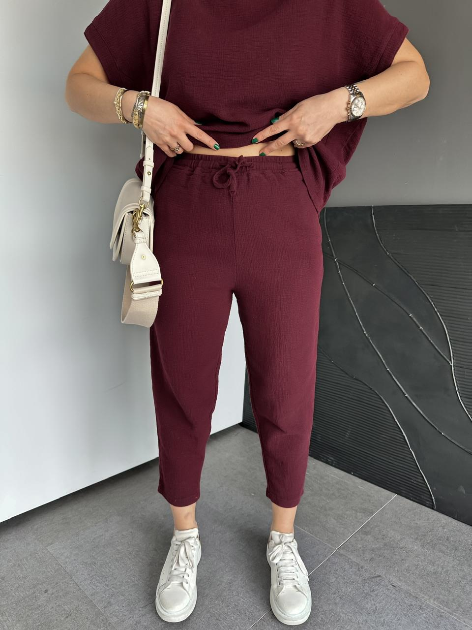 Bordo Yarasa Kollu Naturel Takım