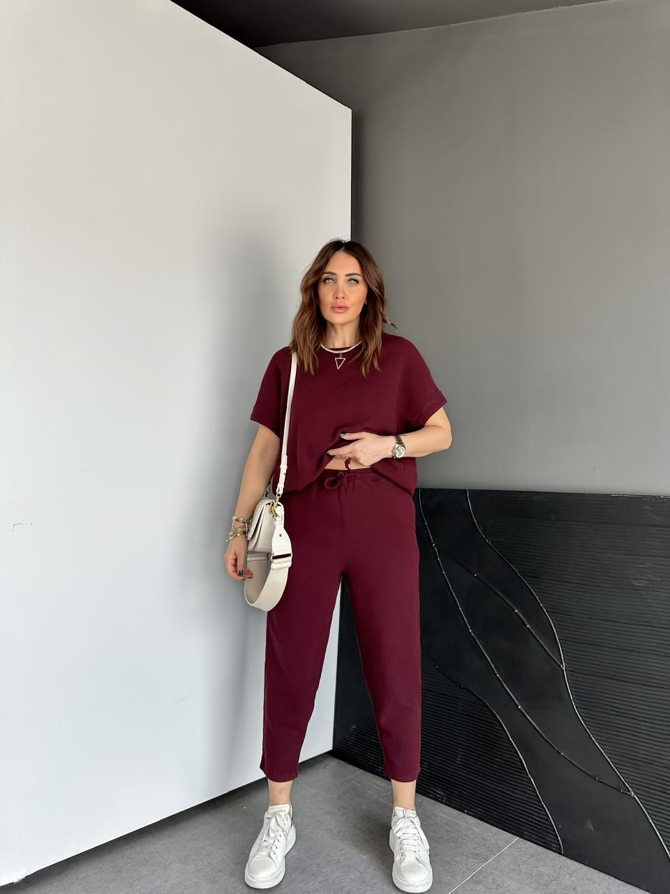 Bordo Yarasa Kollu Naturel Takım