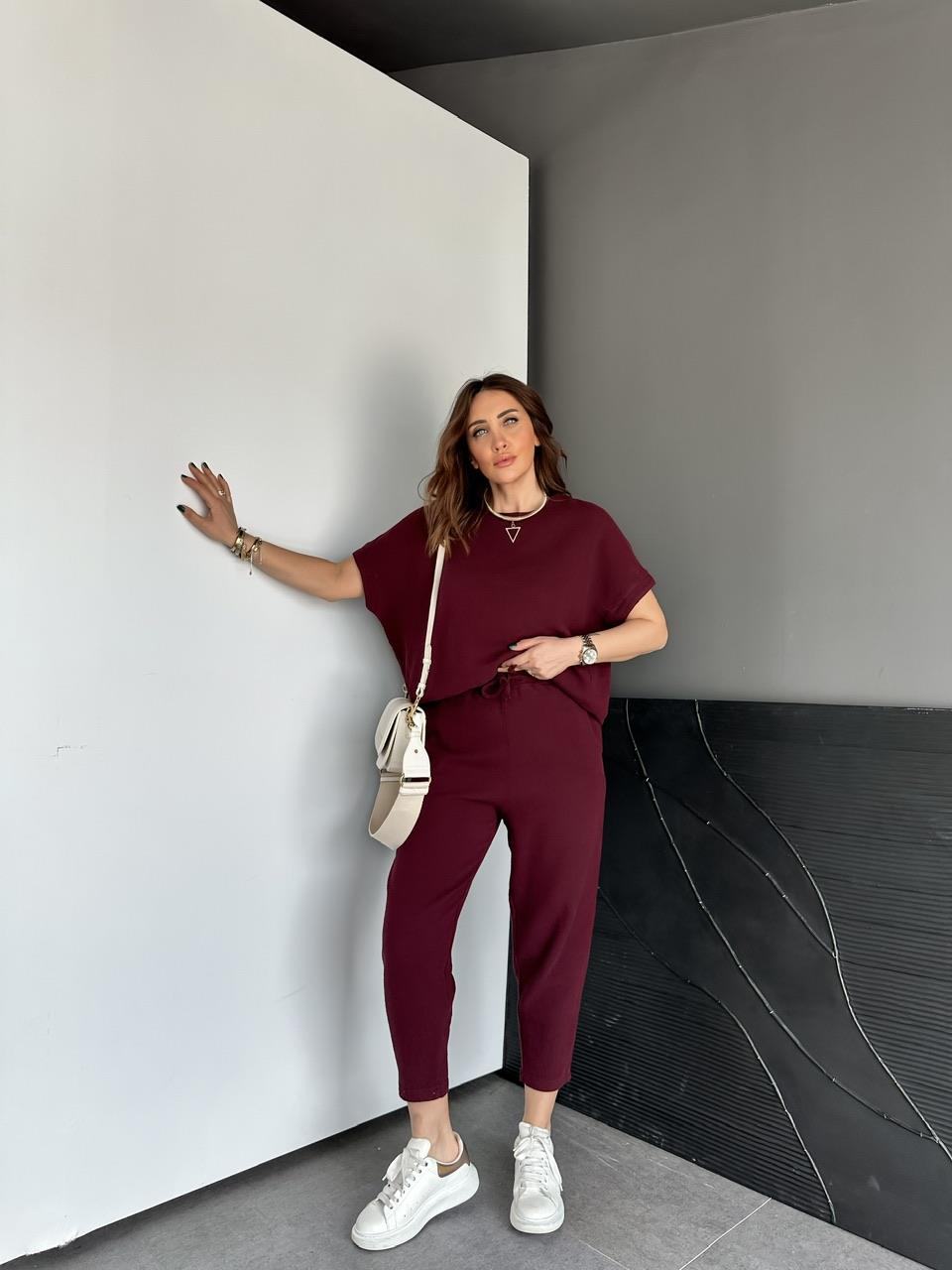 Bordo Yarasa Kollu Naturel Takım