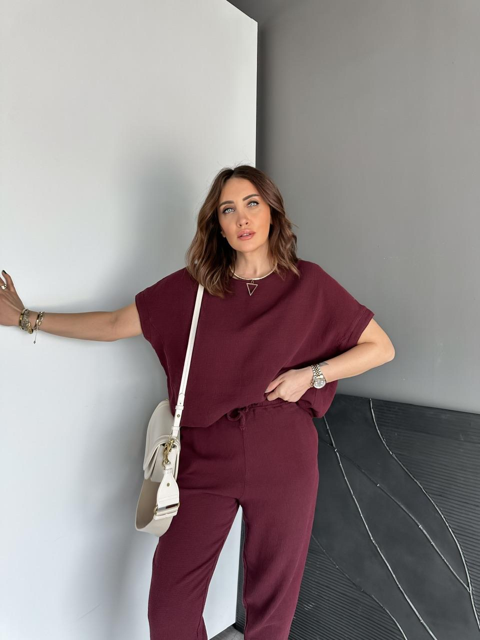 Bordo Yarasa Kollu Naturel Takım