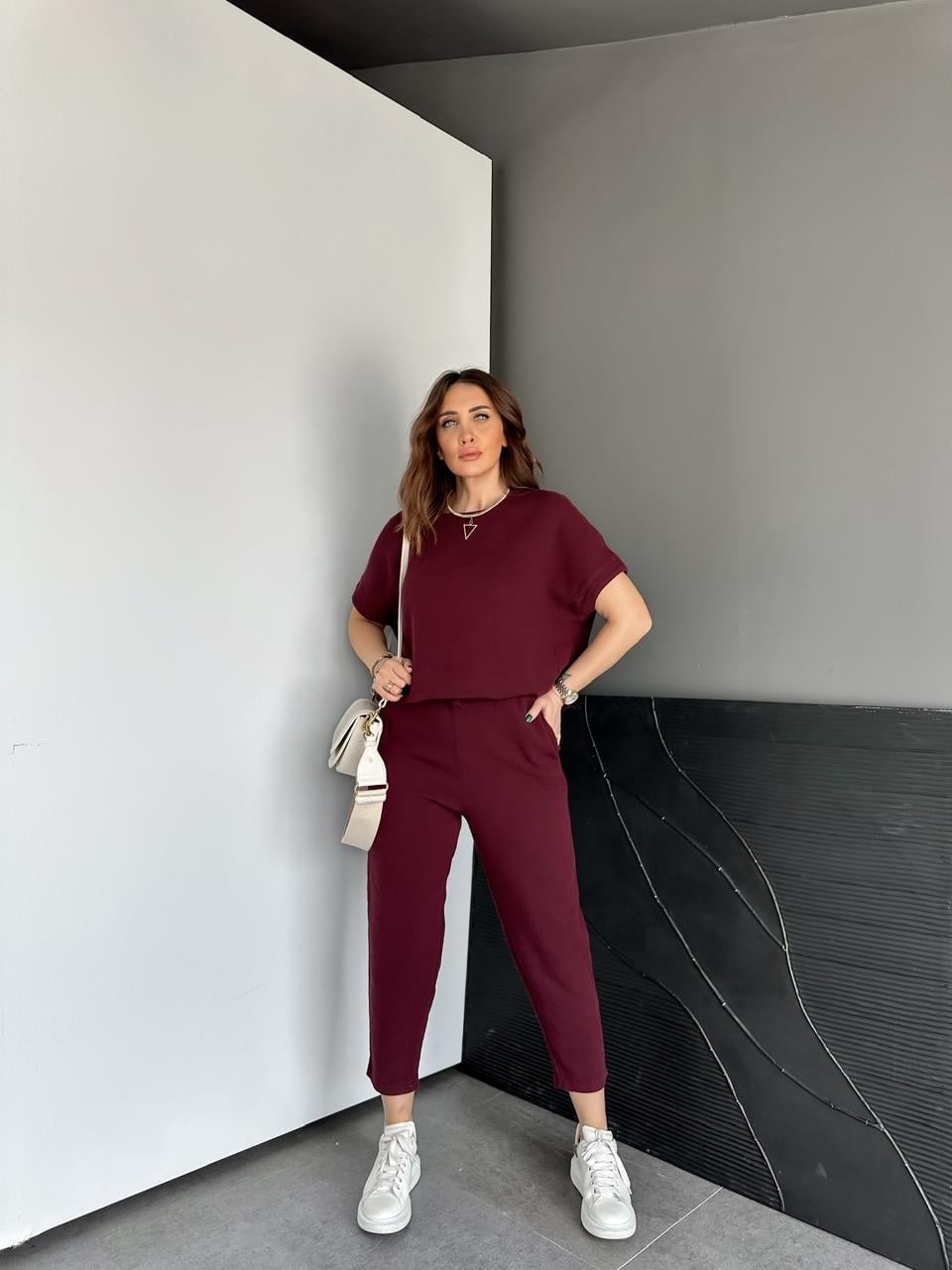 Bordo Yarasa Kollu Naturel Takım