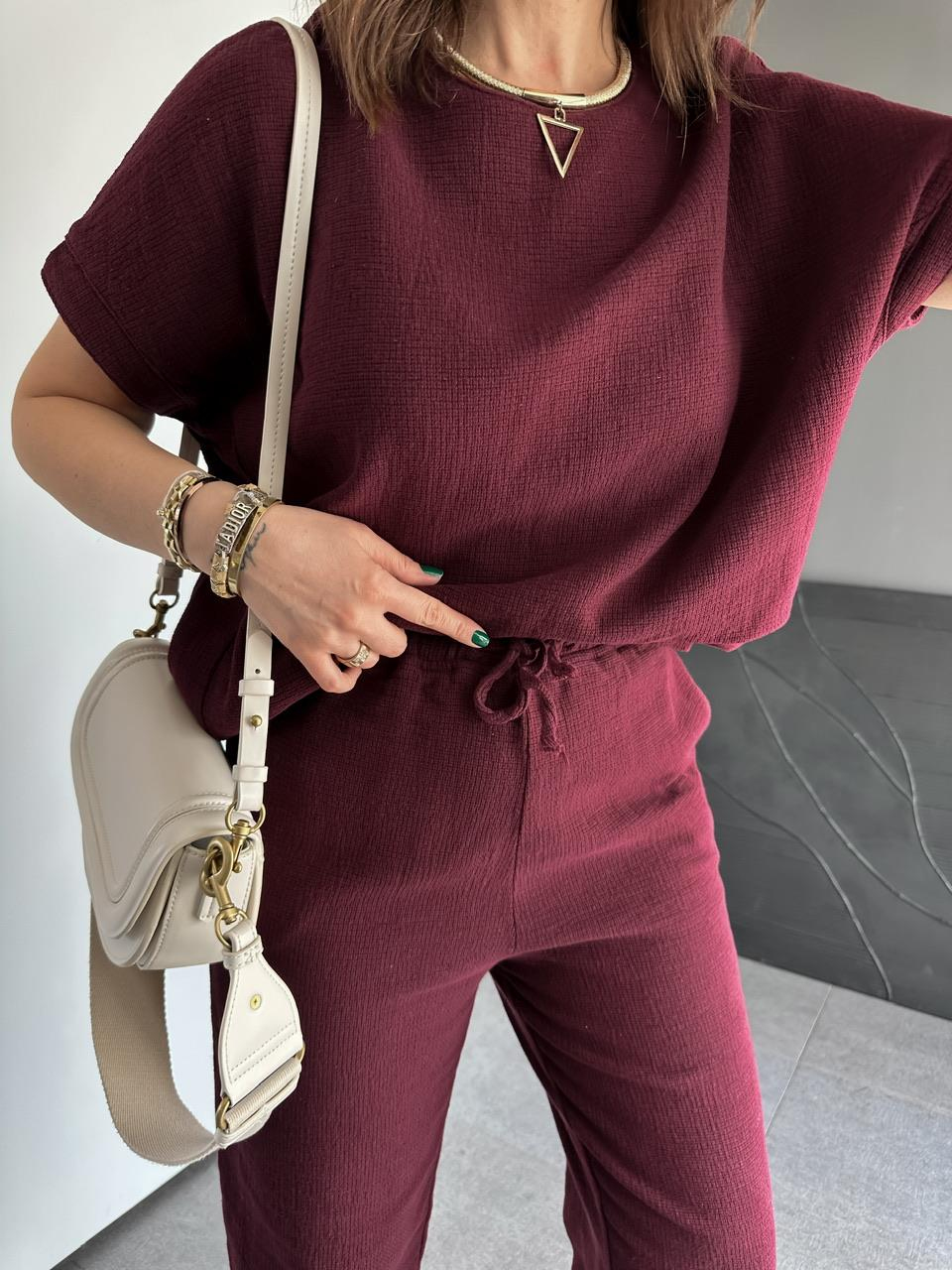 Bordo Yarasa Kollu Naturel Takım
