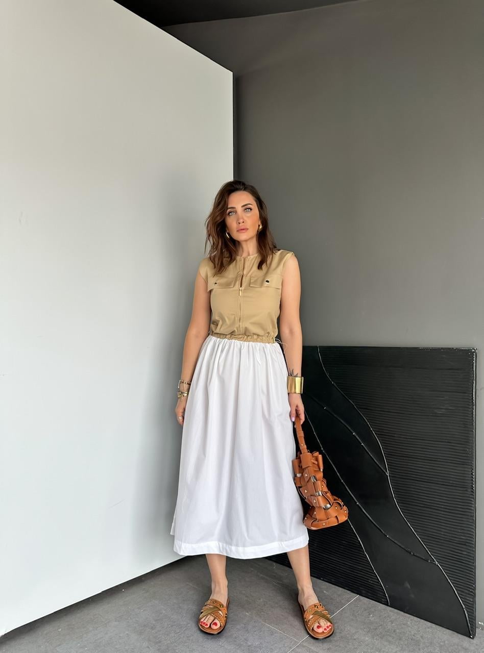 Camel Beli İpli Cepli Poplin Elbise