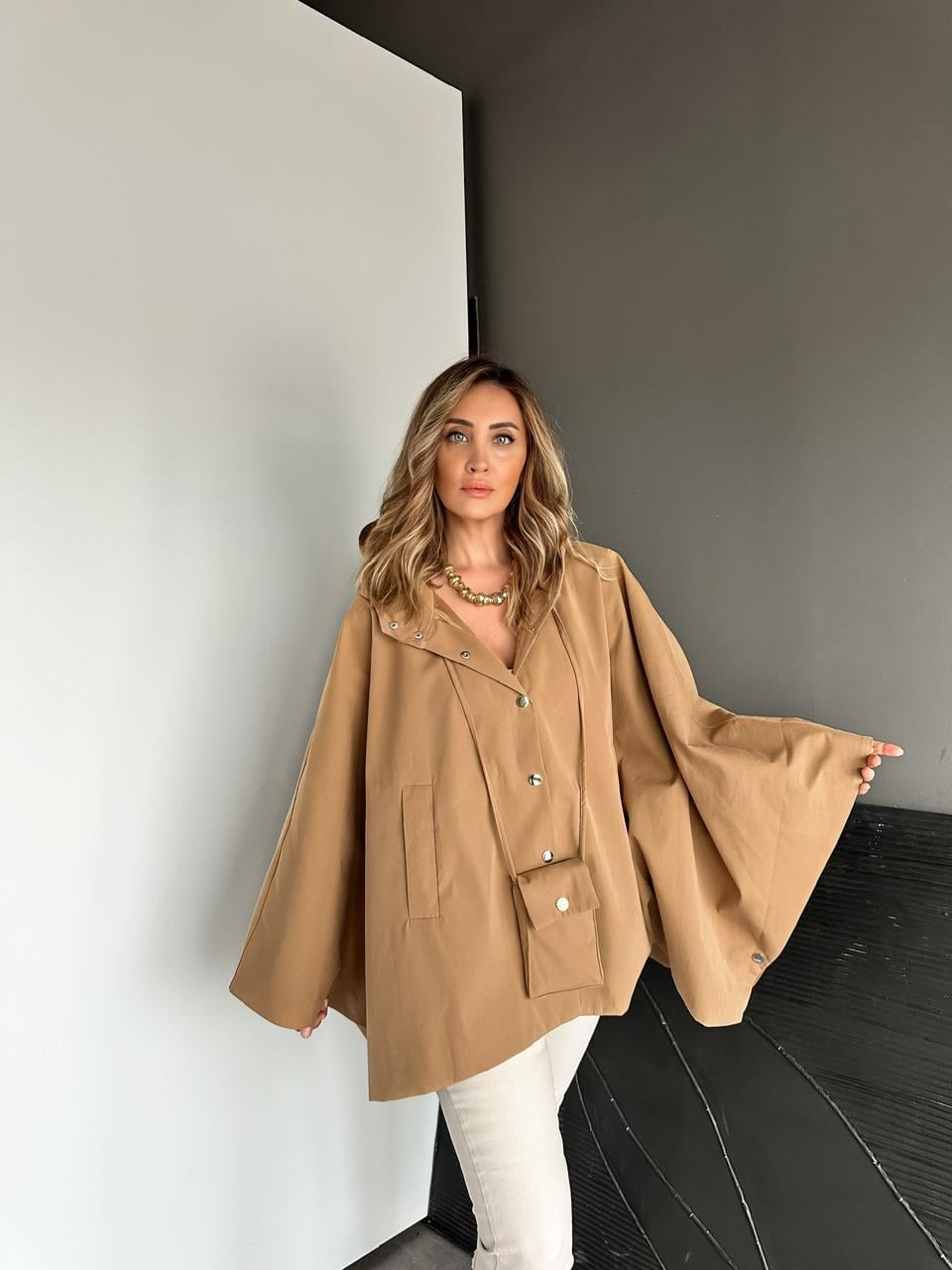 Camel Çantalı Yarasa Kol Trençkot