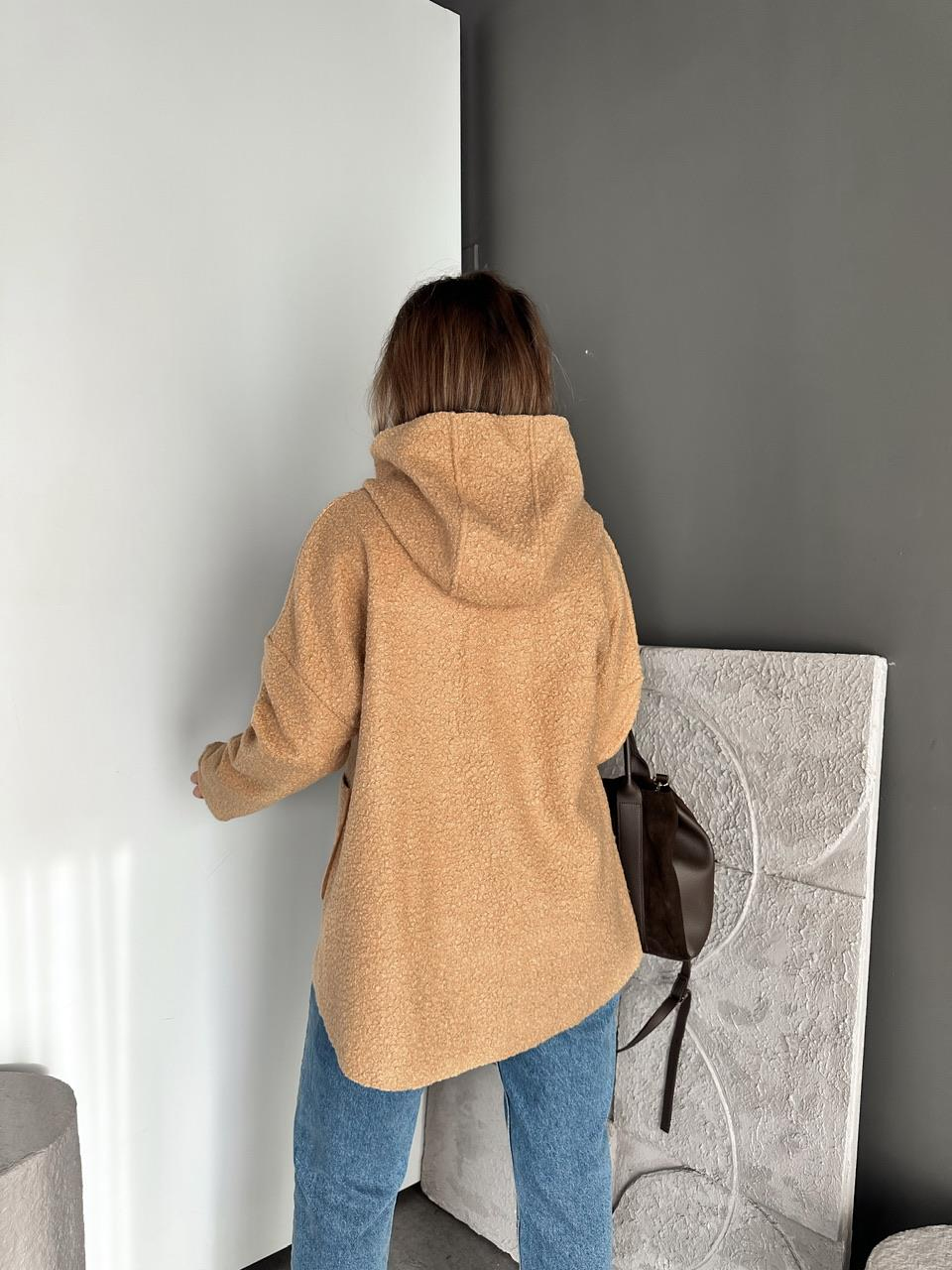 Camel Kapşonlu Fermuarlı Buklet Kaban
