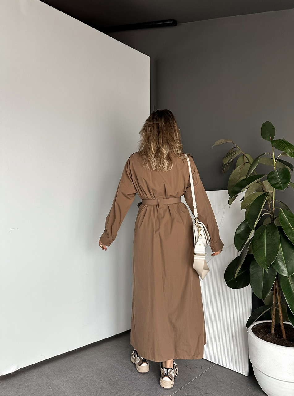 Camel Kemerli Çıtçıtlı Gömlek Elbise