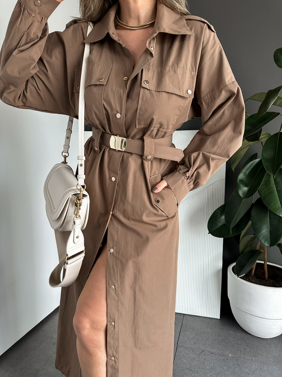 Camel Kemerli Çıtçıtlı Gömlek Elbise