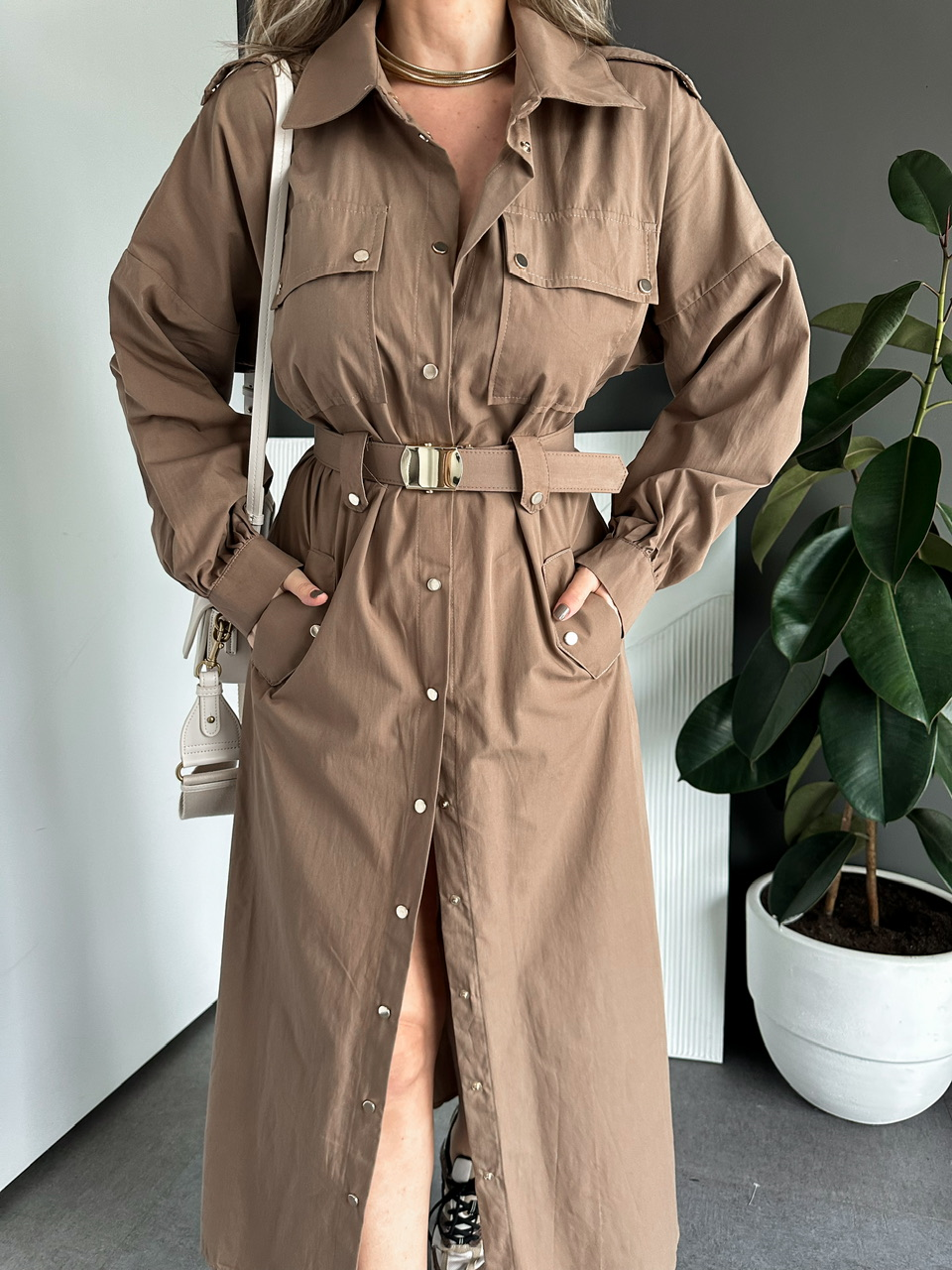Camel Kemerli Çıtçıtlı Gömlek Elbise