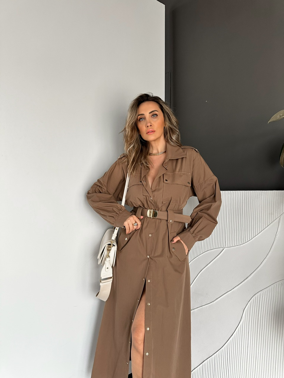 Camel Kemerli Çıtçıtlı Gömlek Elbise