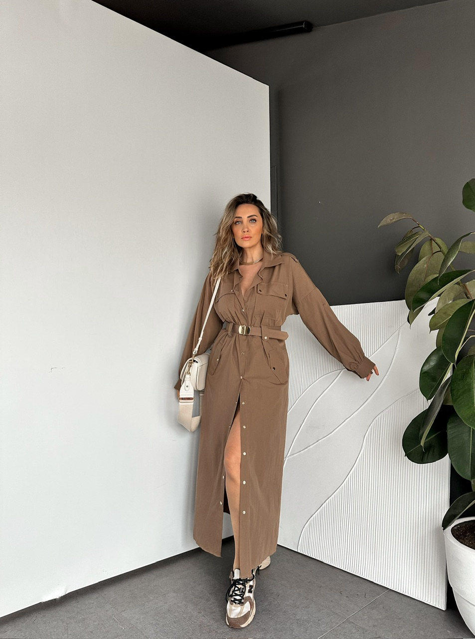 Camel Kemerli Çıtçıtlı Gömlek Elbise