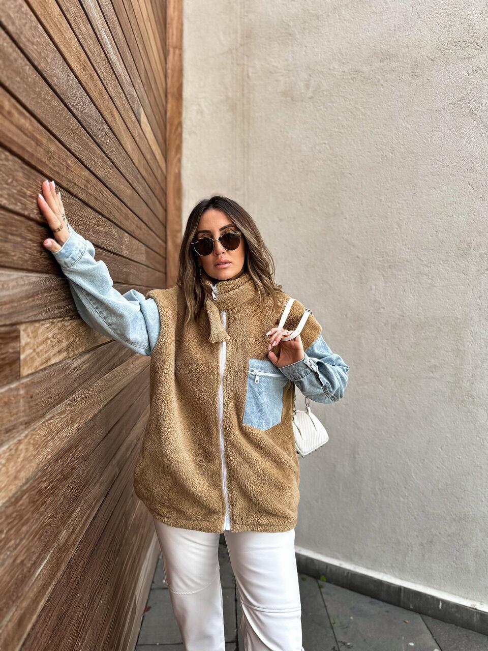 Camel Kot Detaylı Teddy Mont