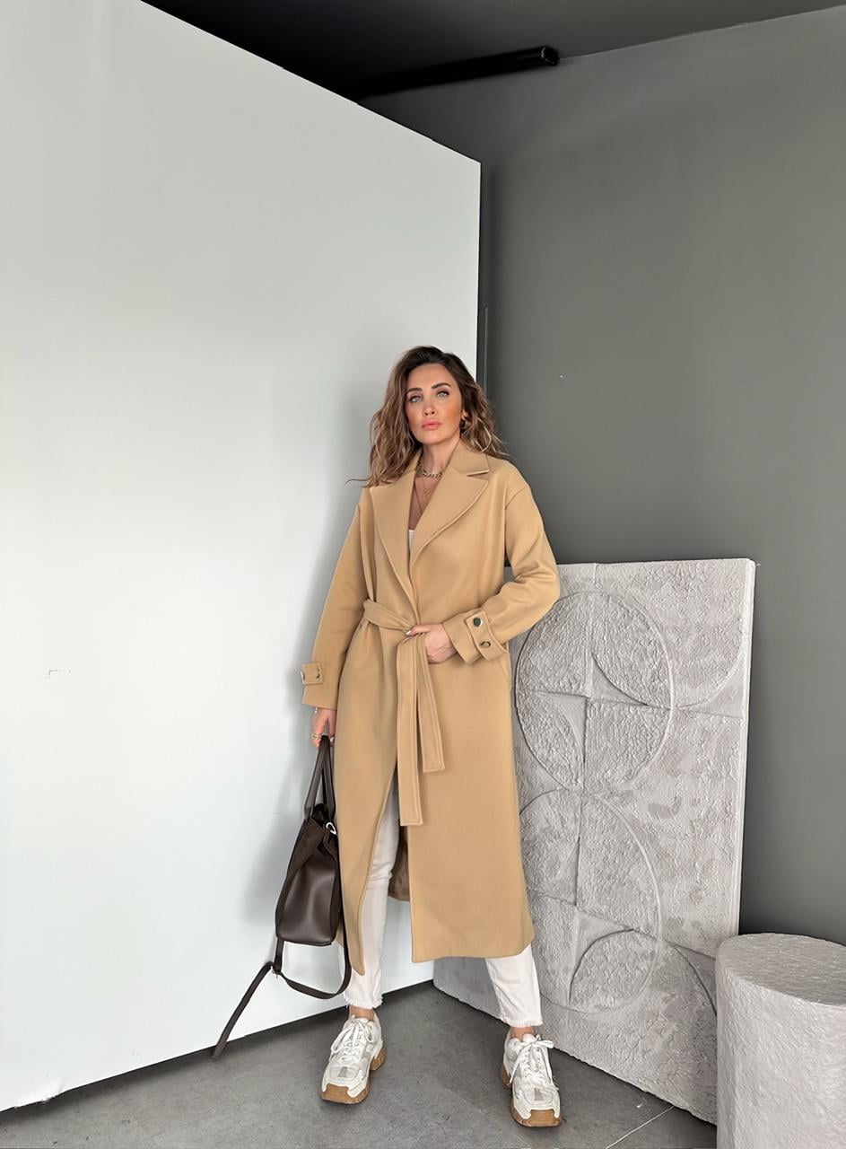 Camel Yanları Gold Düğmeli Kaşe Kaban