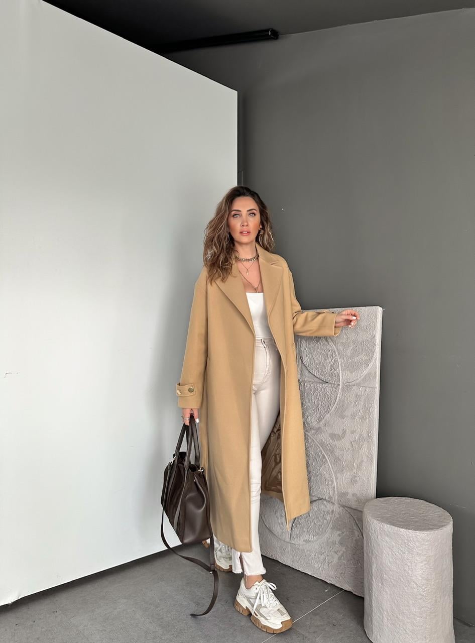 Camel Yanları Gold Düğmeli Kaşe Kaban