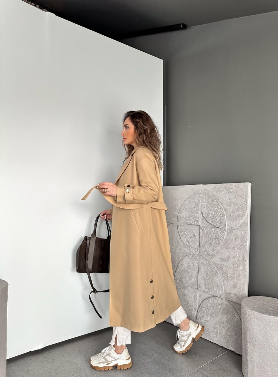 Camel Yanları Gold Düğmeli Kaşe Kaban