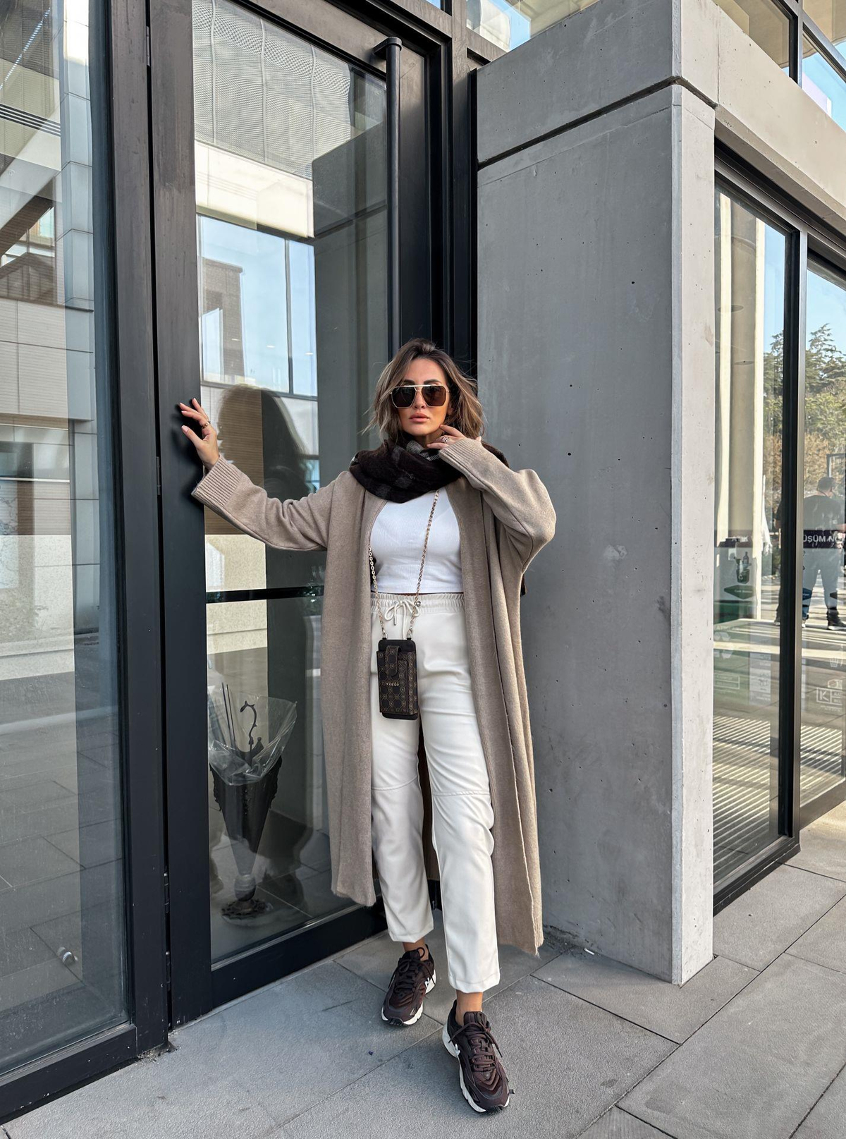 Ekru Jogger Deri Pantolon