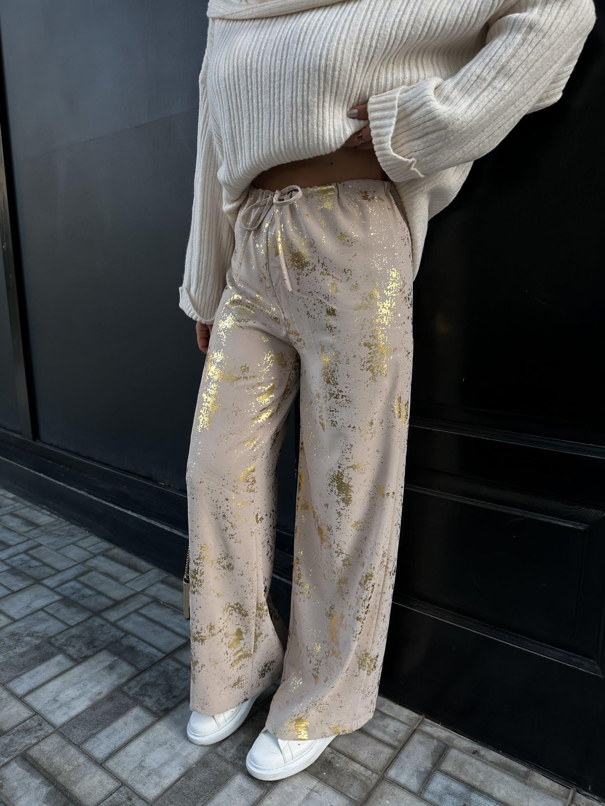 Gold Desenli Parlak Bol Pantolon