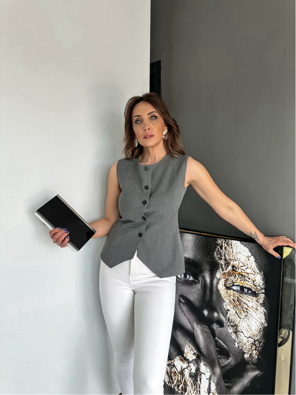 Gri Asimetrik Premium Yelek