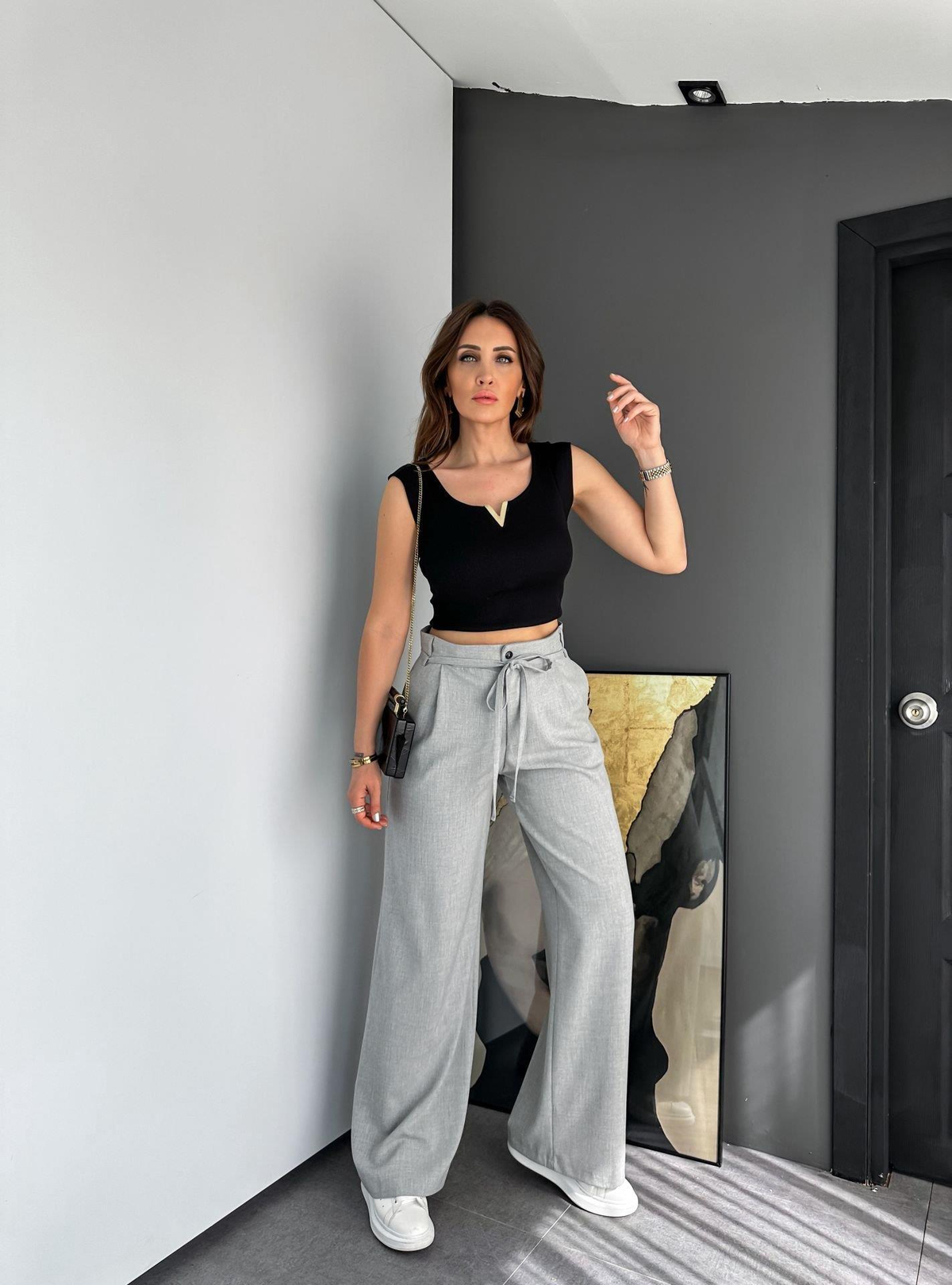 Gri Beli İpli Bol Pantolon