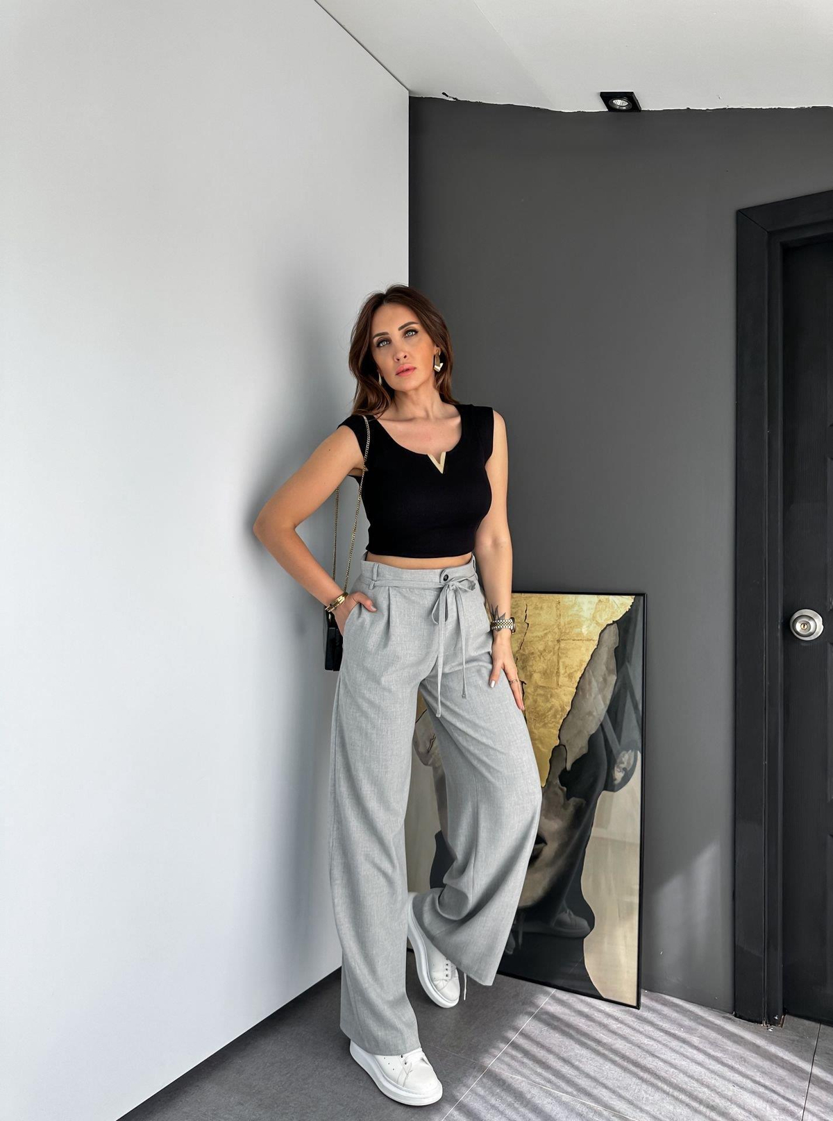 Gri Beli İpli Bol Pantolon