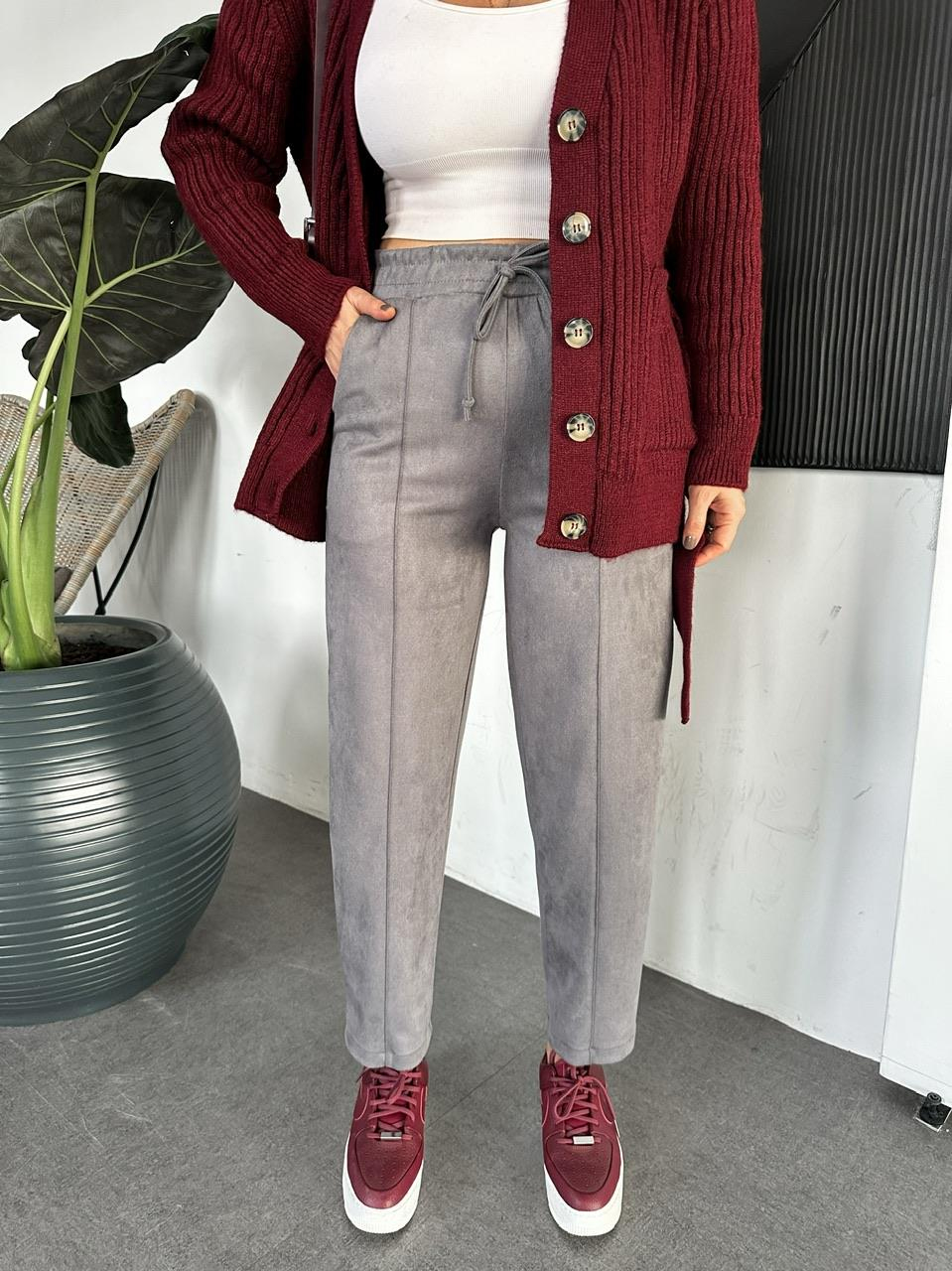 Gri Çımalı Süet Pantolon