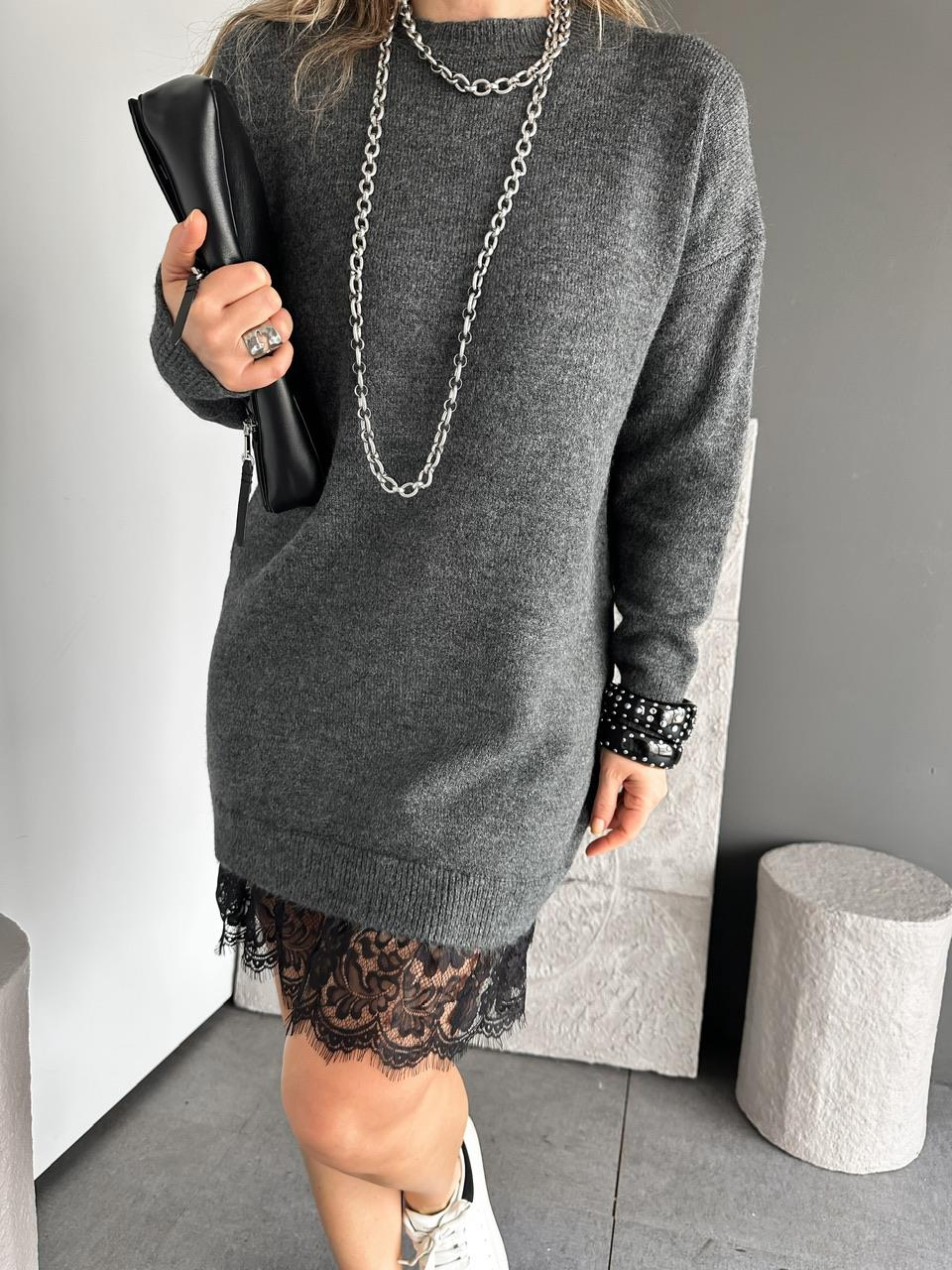 Gri Dantelli Triko Elbise